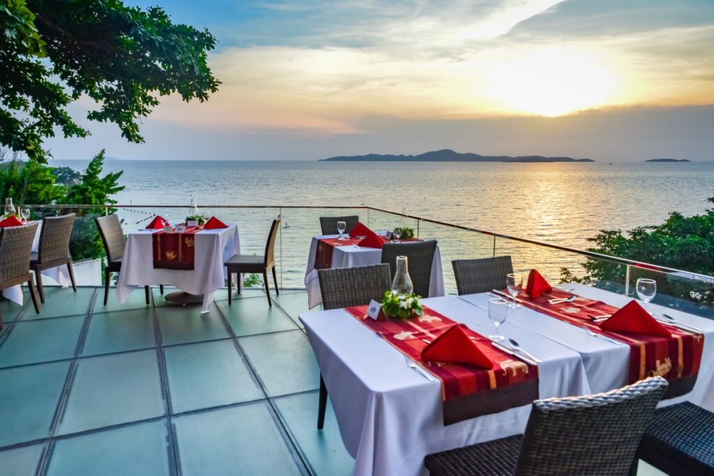 Outdoor seating on the terrace of Larn Thong restaurant
