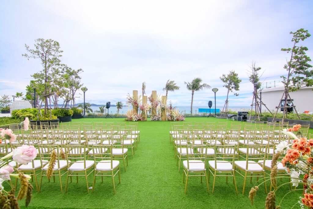 Garden venue with seats set up for a wedding
