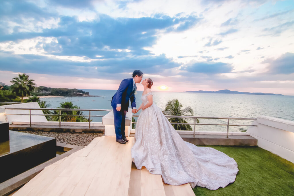 Couple from a Christian wedding sharing a kiss