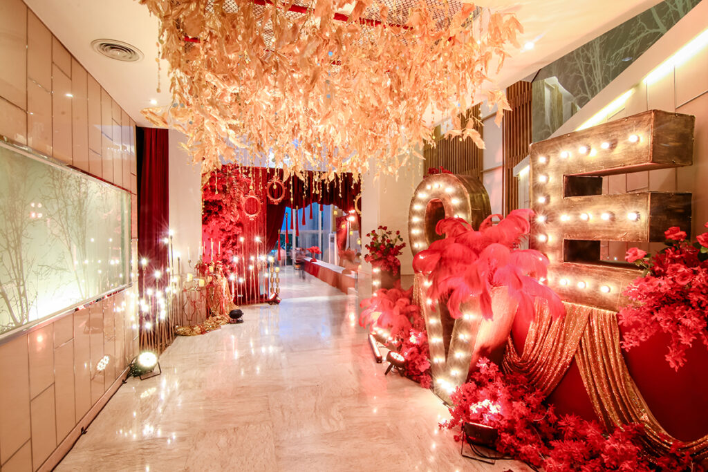 Lavishly decorated hall for an Indian wedding ceremony
