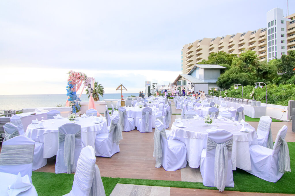 Outdoor set-up for a Thai wedding at our garden in Pattaya