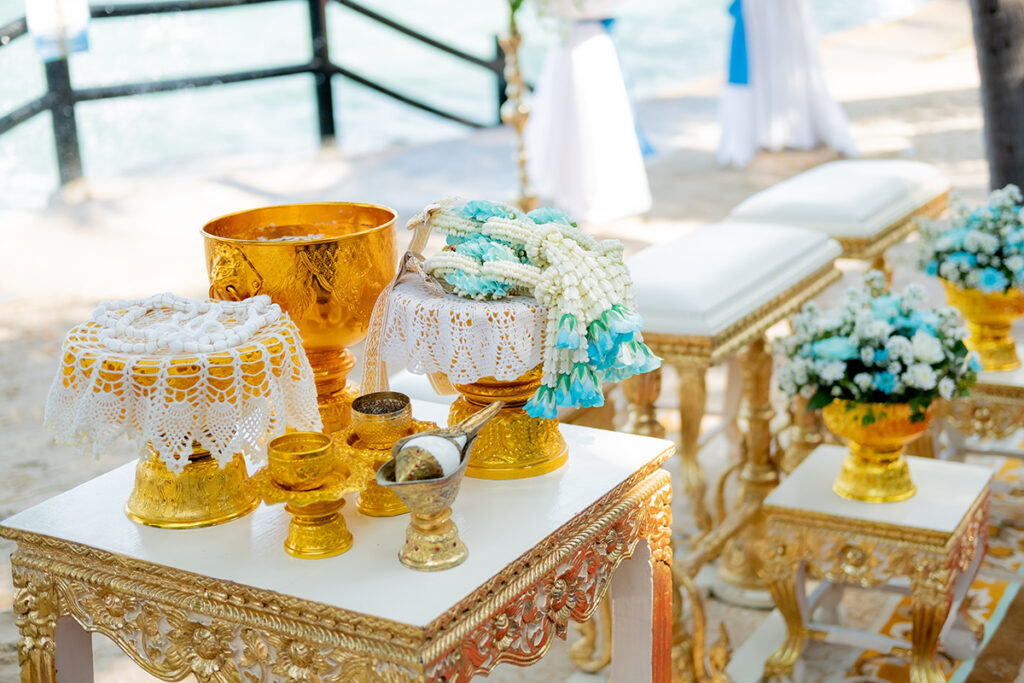 Flowers and water prepared for formal rituals of a Thai wedding