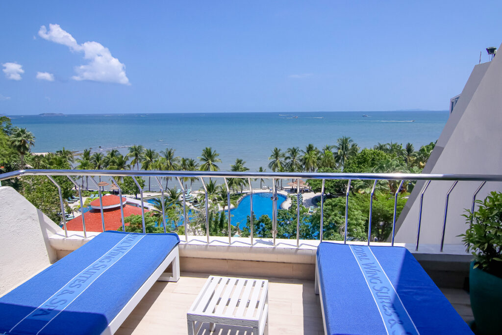 Ocean and pool view from balcony at our luxury Pattaya hotel