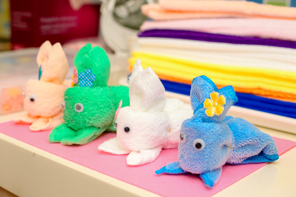 Towel bunnies crafted for a 2024 Easter holiday activity