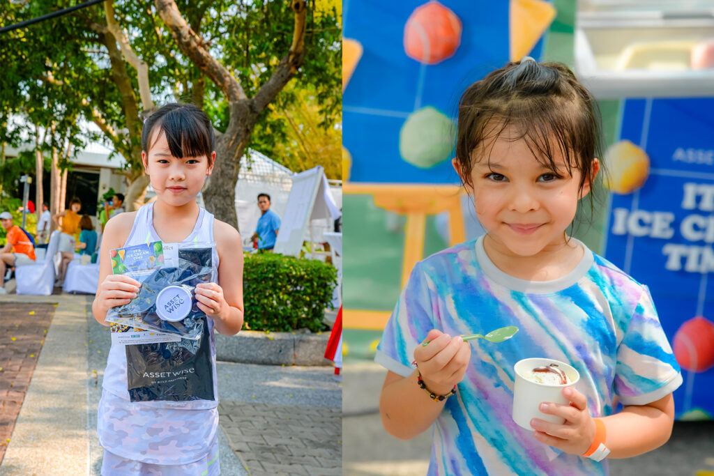 kids enjoying welcome packs and ice cream during our junior tennis championship