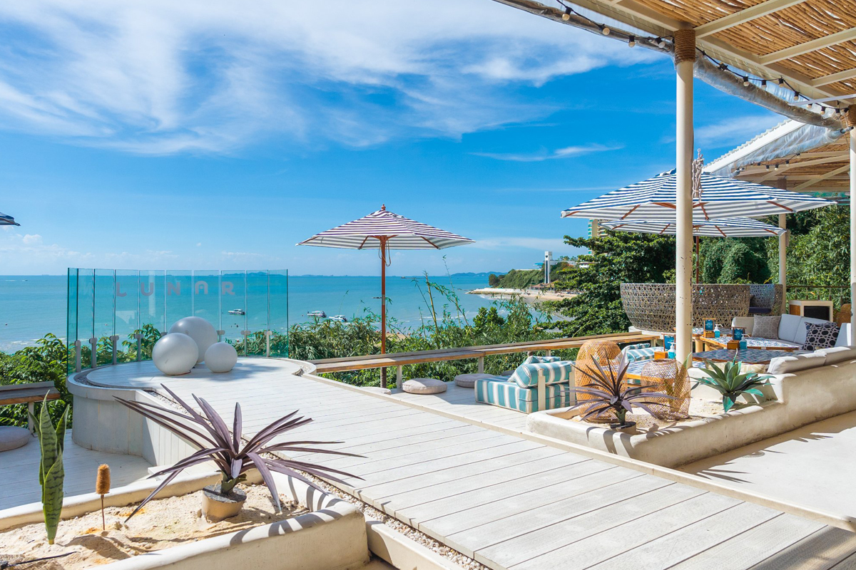 Outdoor seating with beach view at the Lunar Beach House